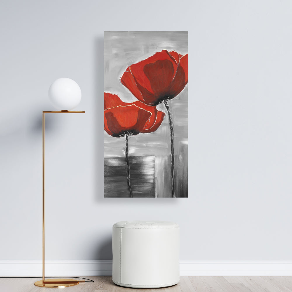 Gray Botanical Canvas | Two Red Flowers on Grayscale Background