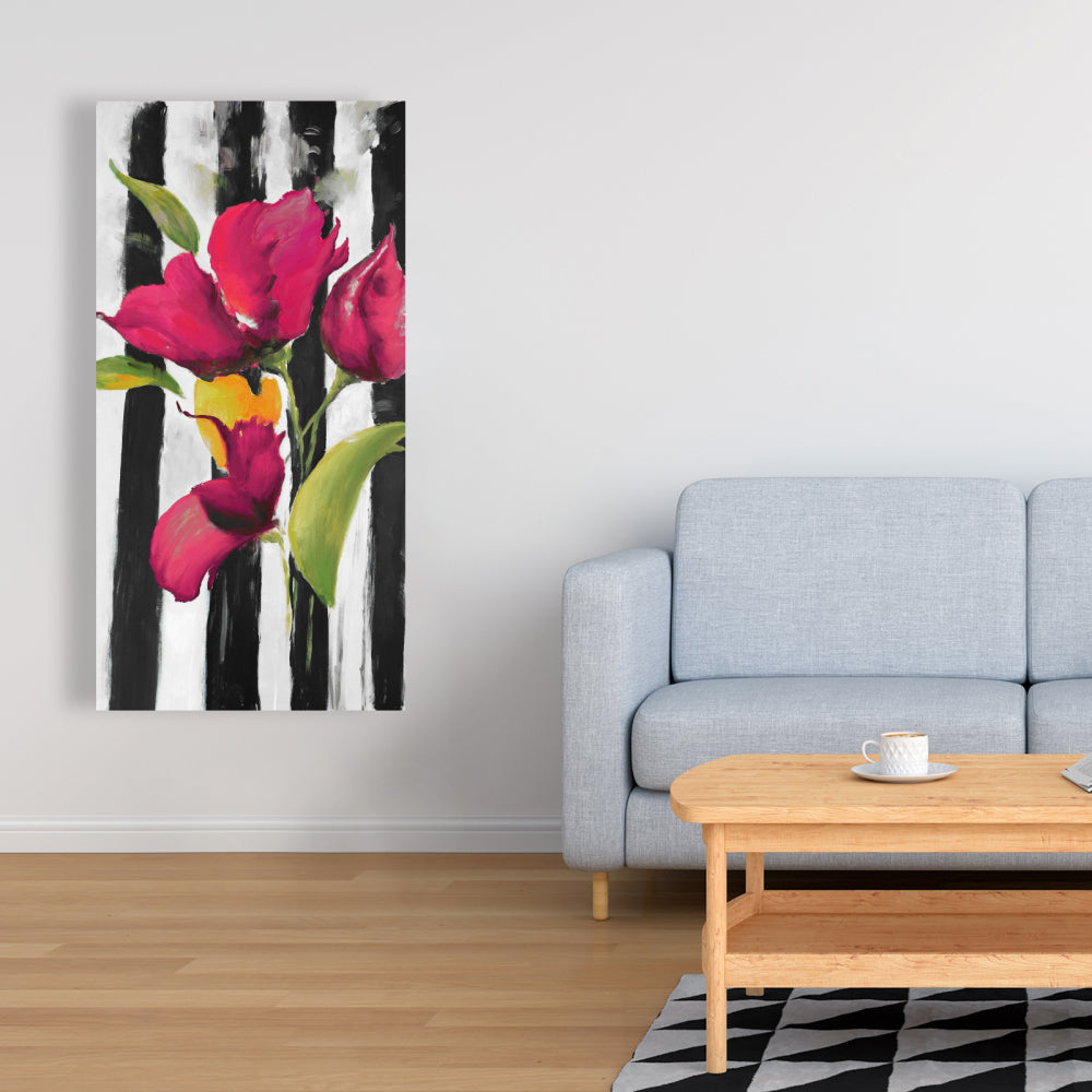 Botanical White Floral Canvas - Flowers on Black & White Stripes