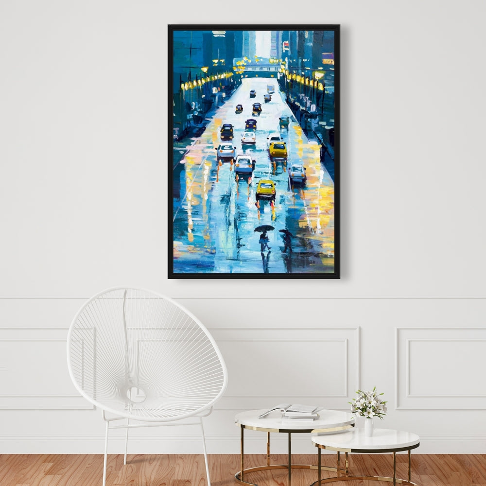 Rainy Streets of New York Canvas | Blue Framed Home Decor