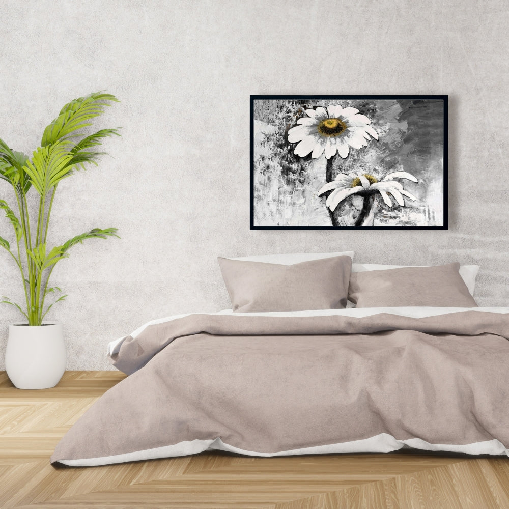Toile abstraite avec marguerites et fleurs - Décoration industrielle pour chambre blanche