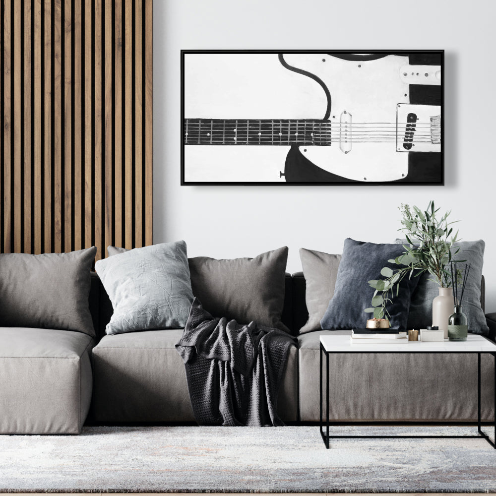 Toile grise pour chambre à coucher | Décoration murale encadrée avec guitare Black Rock