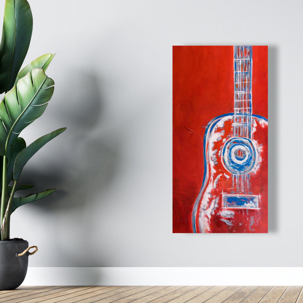 Modern Red Abstract Guitar Canvas | Musical Instrument Art