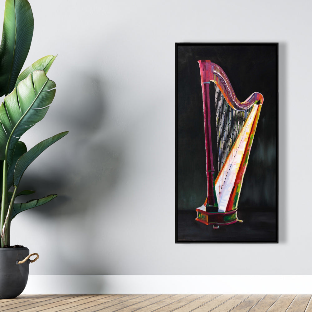 Harpe colorée et réaliste | Toile avec cadre noir pour décoration de chambre