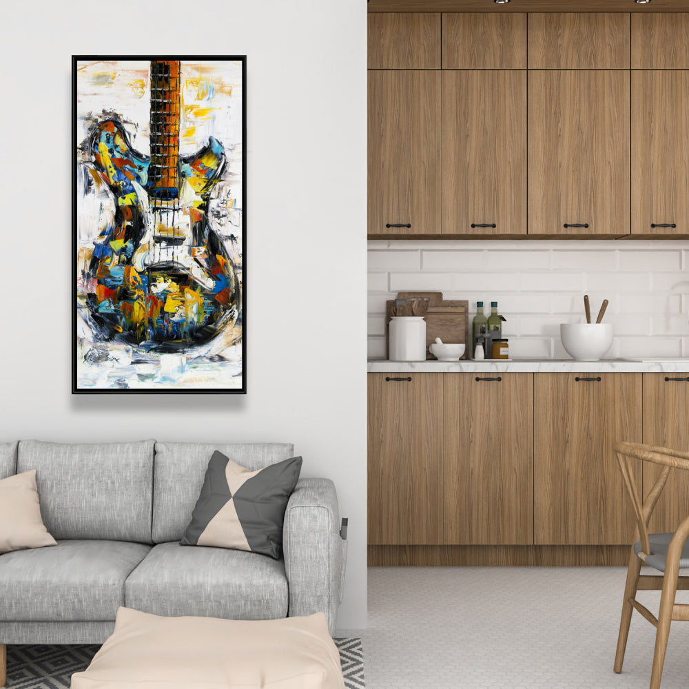 Toile abstraite colorée représentant une guitare - Décoration de salon bleu