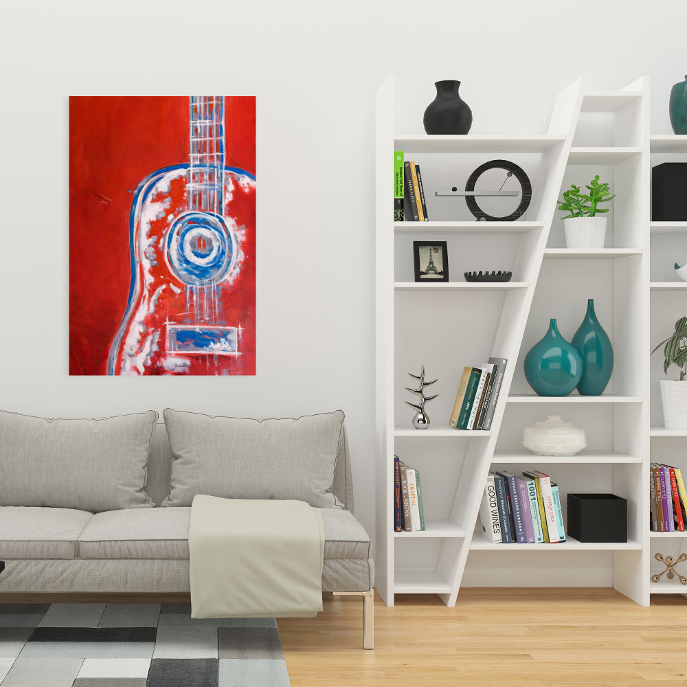 Modern Red Abstract Guitar Canvas | Musical Instrument Art