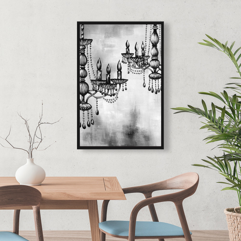 Deux lustres en cristal monochromes sur toile encadrée blanche