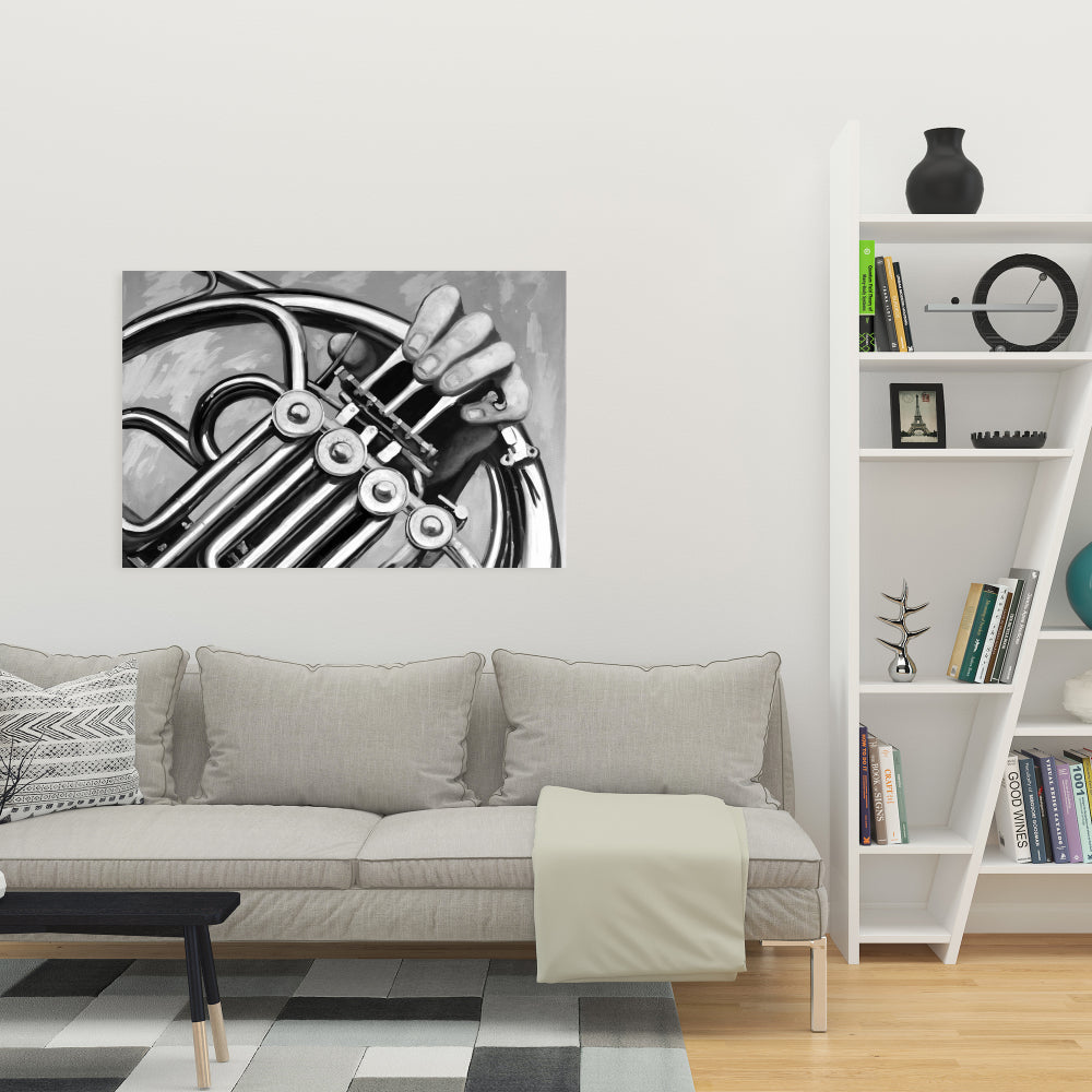 Musician with French Horn Monochrome Canvas - Home Decor