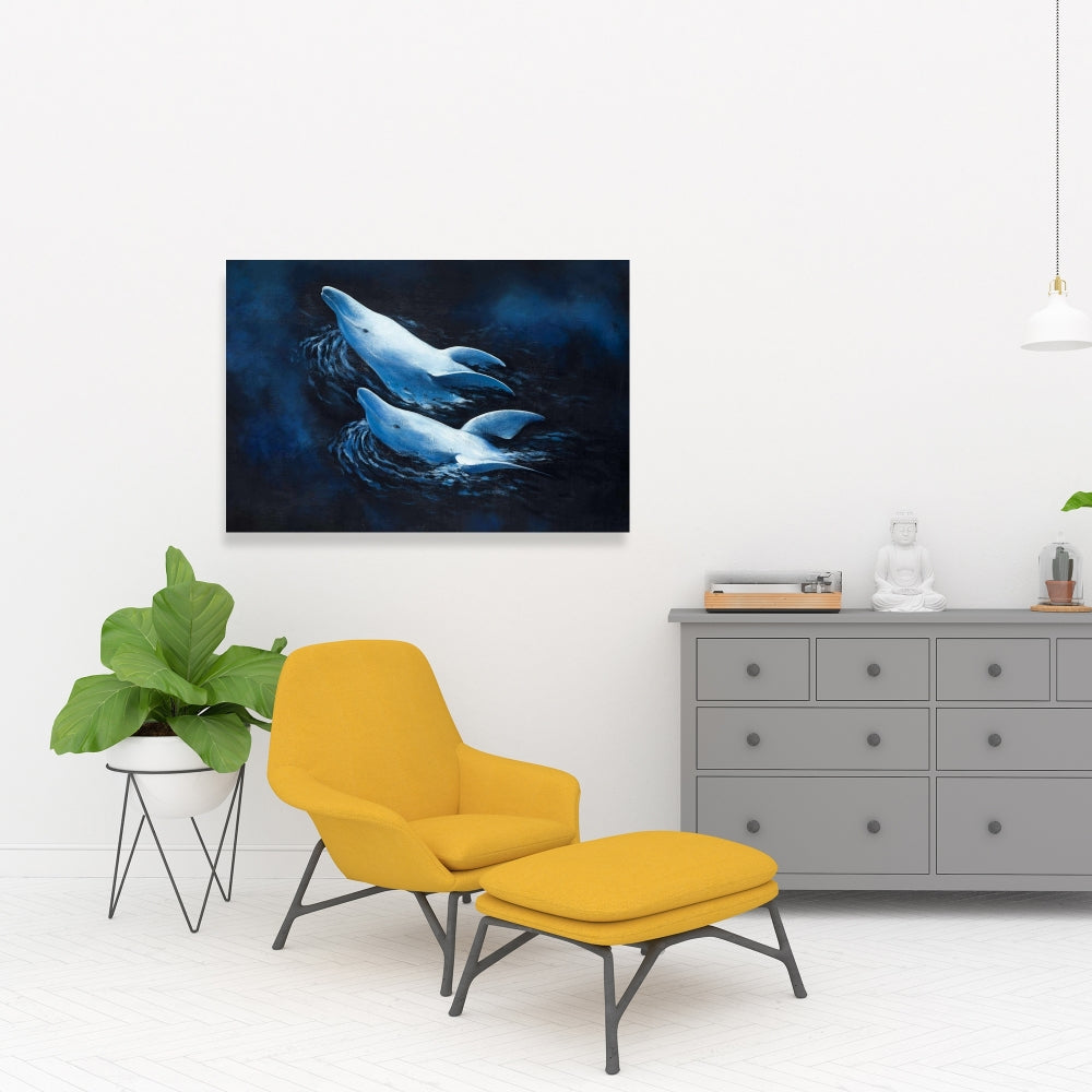 Blue Dolphins Canvas | Two Swimming Dolphins Home Decor