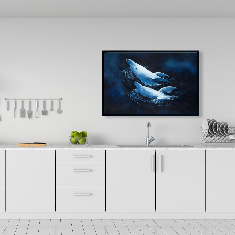 Toile représentant deux dauphins nageurs – Décoration d'intérieur aquatique bleue