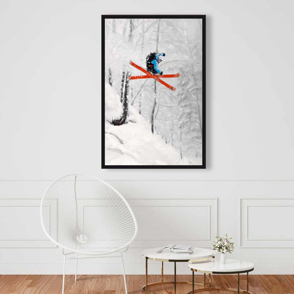 Framed Canvas Art | Man Skiing in Steep Off-Piste Terrain