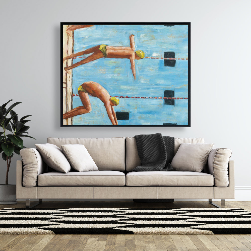 Swimmers Blue Framed Canvas - Man Cave Home Decor Art