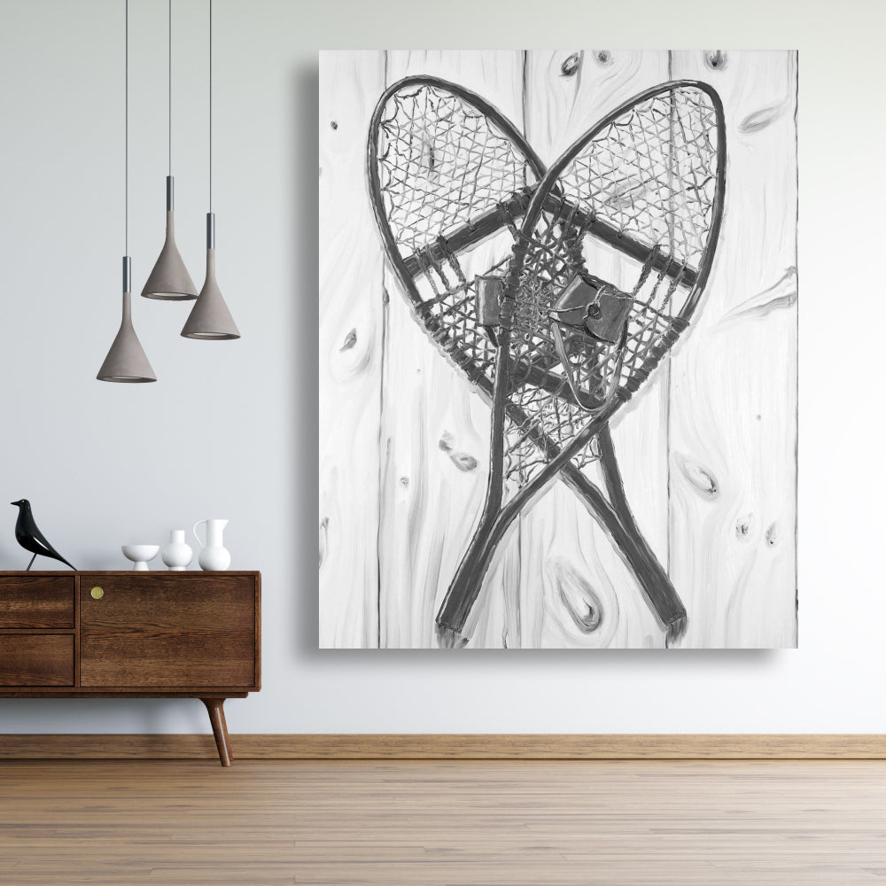 Vintage Monochrome Wood Snowshoes Canvas | Rustic Home Decor