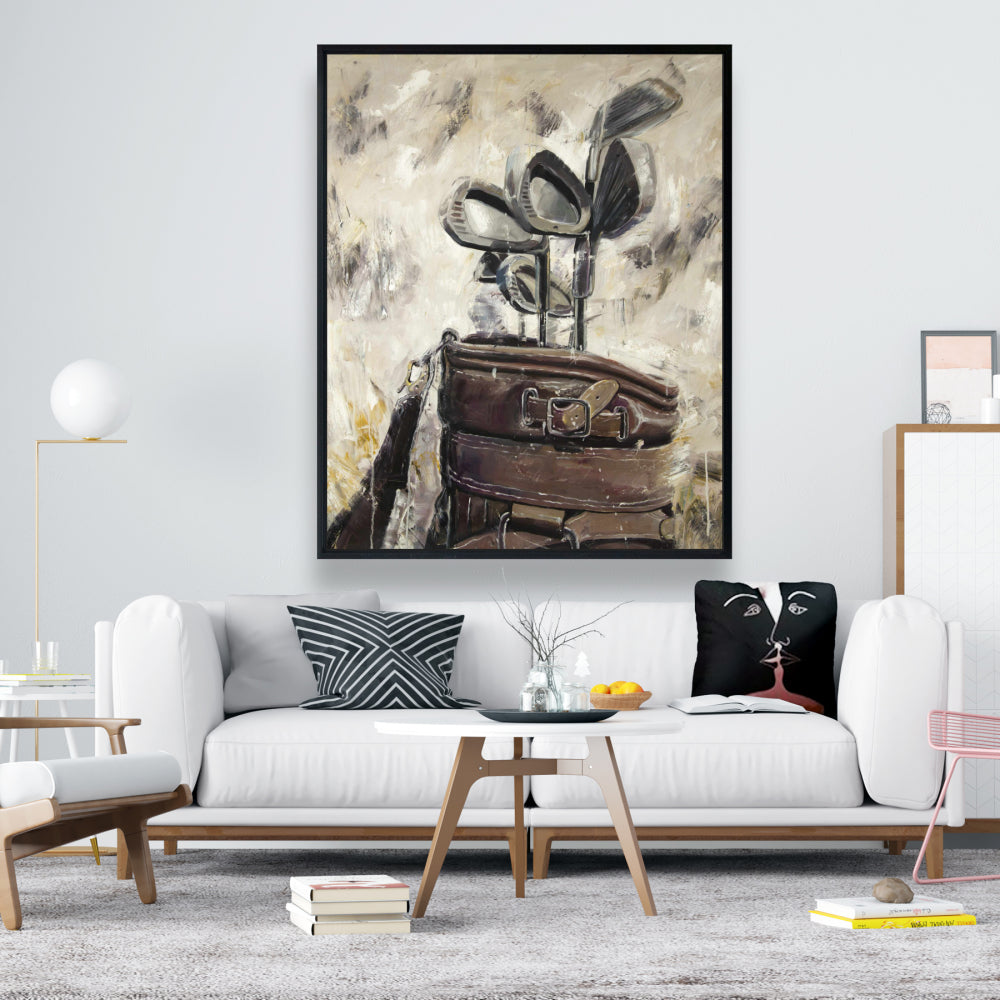 Toile vintage avec bâtons et sac de golf | Décoration murale