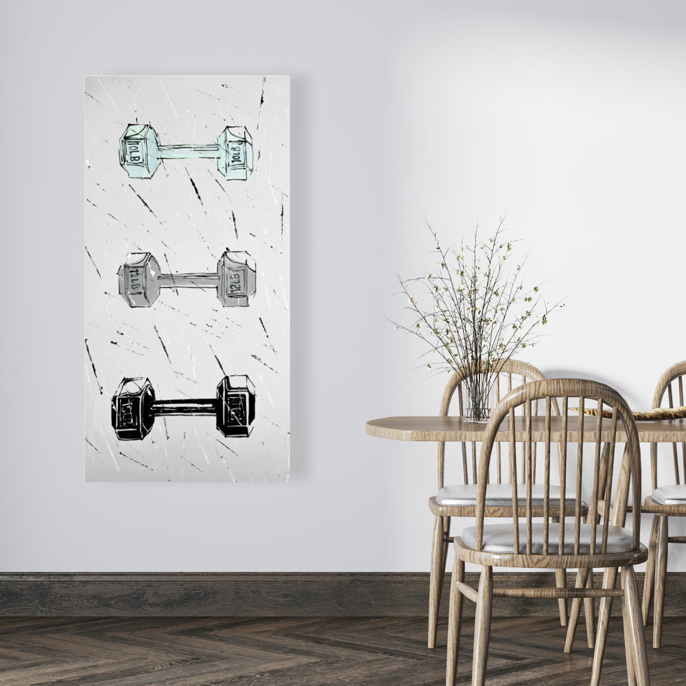 Toile « Gray Man Cave » – Décoration d'intérieur avec haltères | Sports et jeux