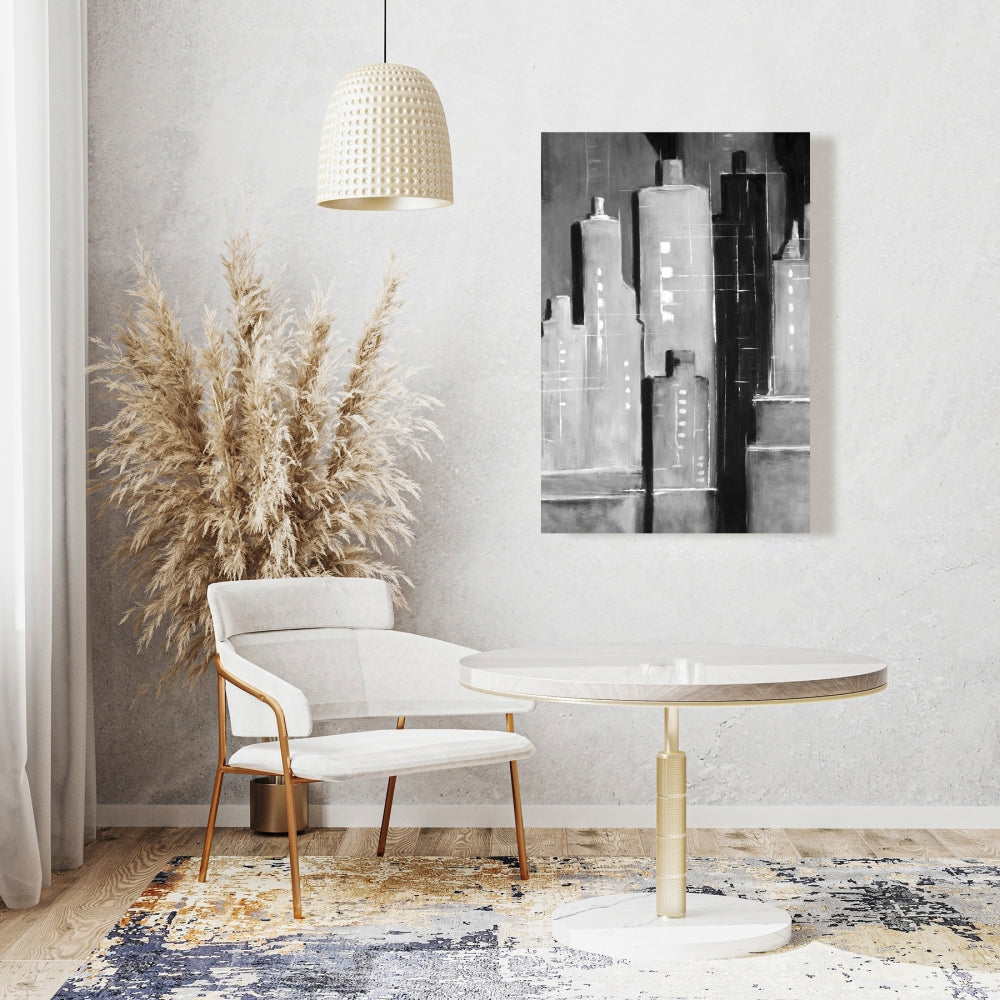 White Bedroom Canvas | Abstract Black & White Buildings Decor