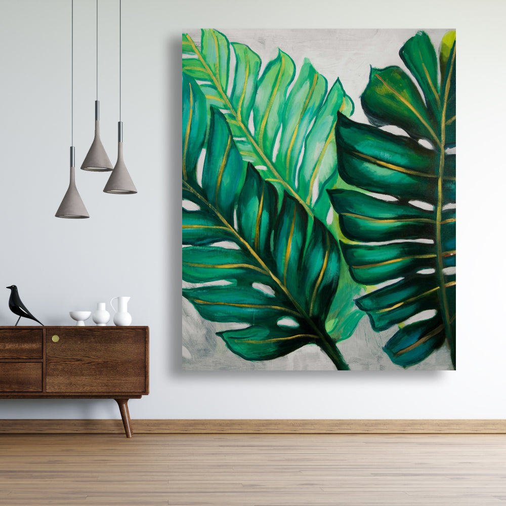 Bedroom Green Botanical Canvas - Three Exotic Plant Leaves Decor