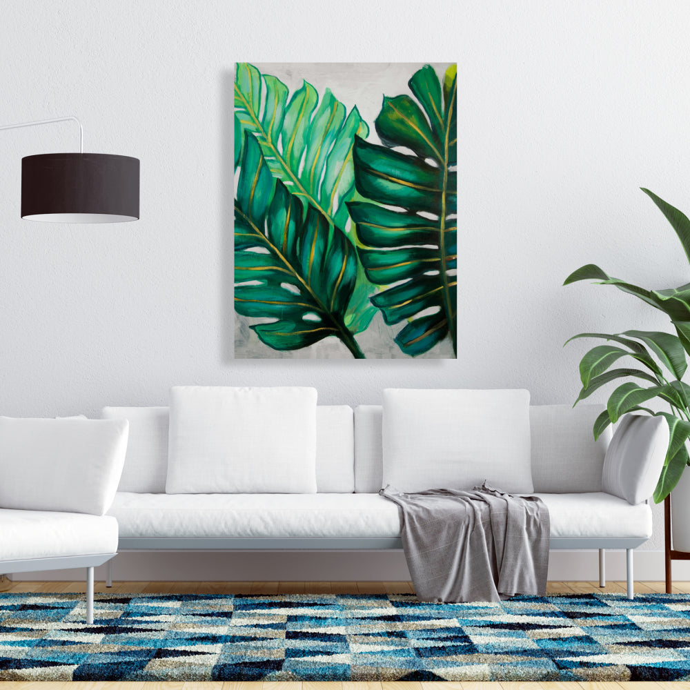 Bedroom Green Botanical Canvas - Three Exotic Plant Leaves Decor