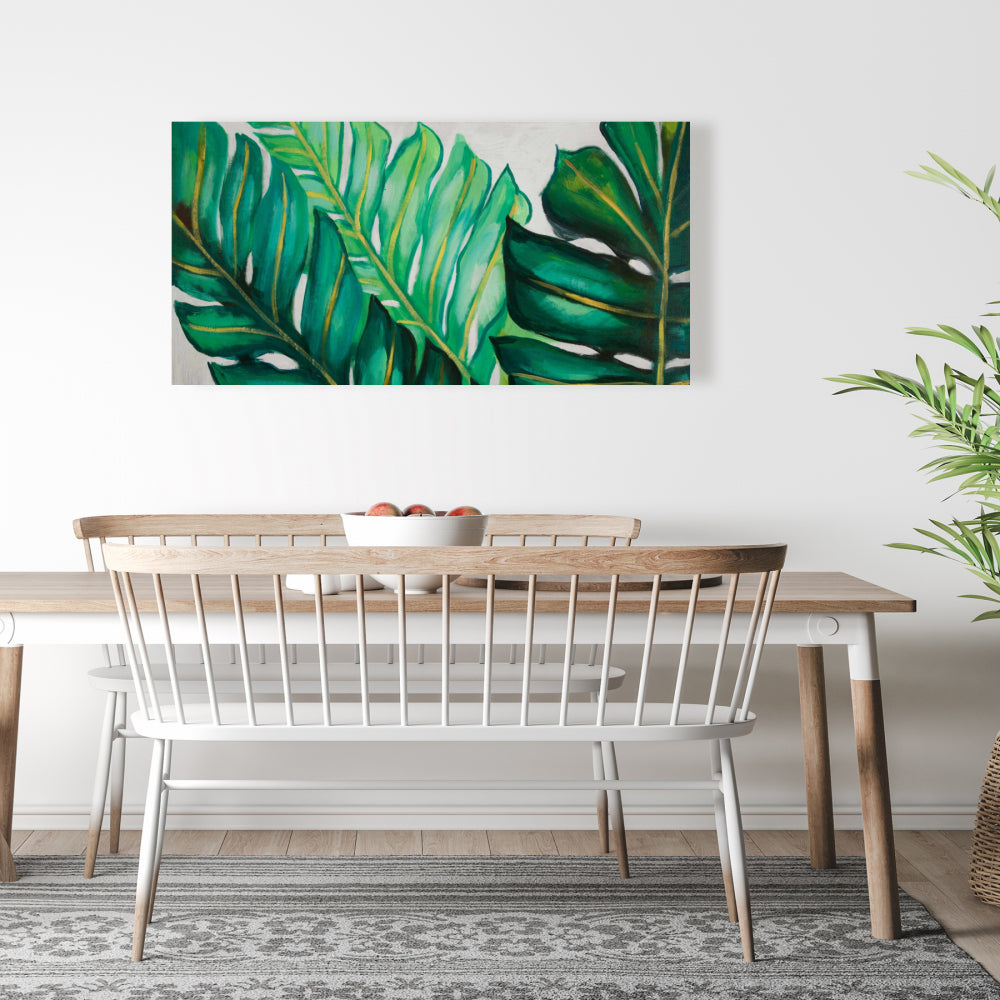Bedroom Green Botanical Canvas - Three Exotic Plant Leaves Decor