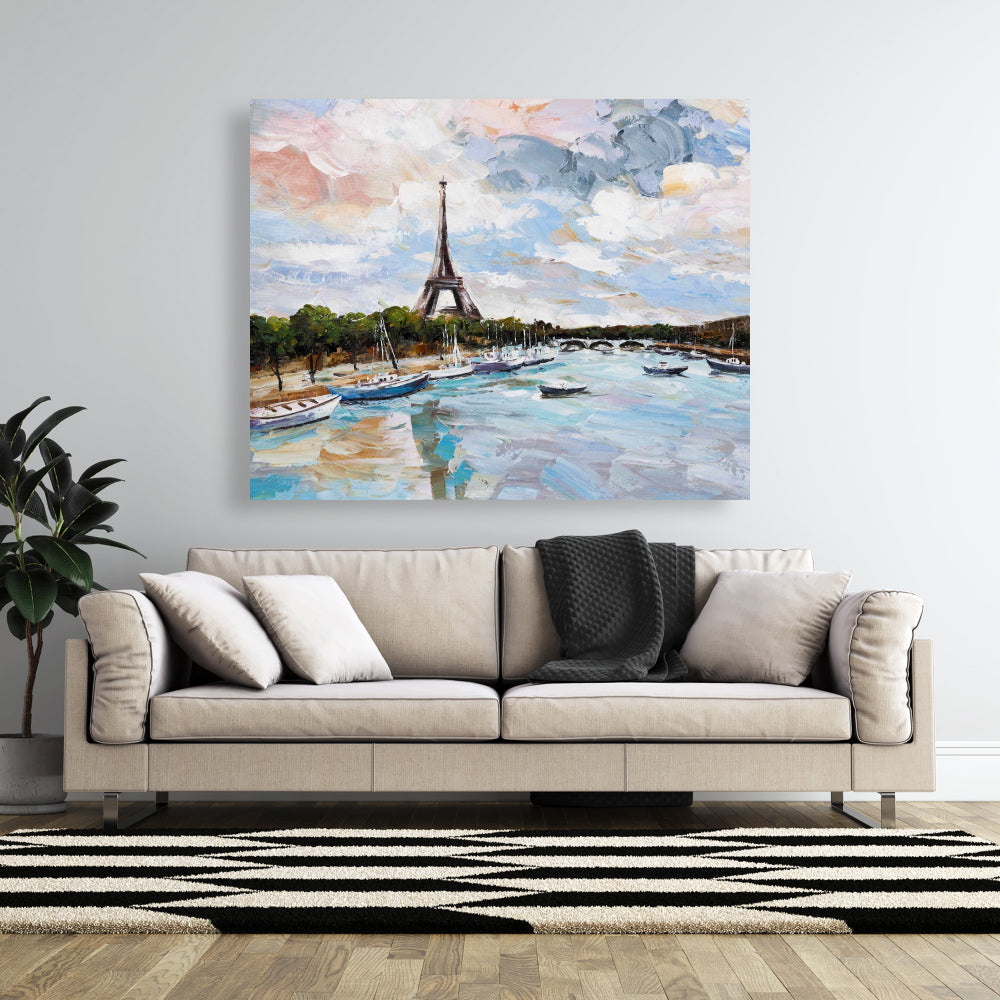 Coastal Contemporary Blue Canvas - Boats on the Seine at Paris