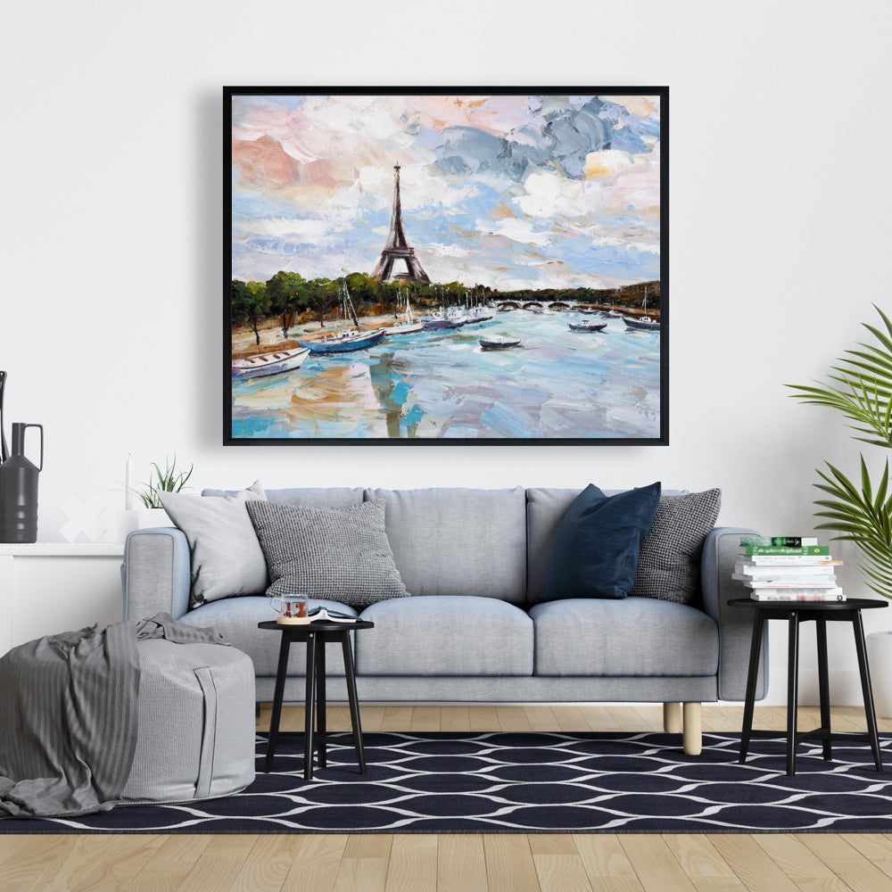 Toile encadrée Arbres côtiers pour chambre à coucher - Bateaux sur la Seine à Paris