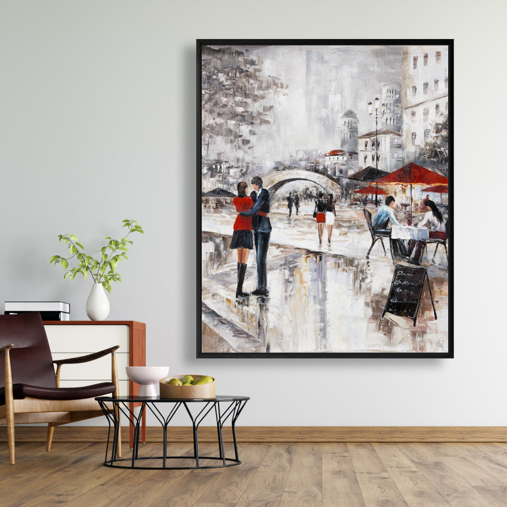 Young Couple Hugging Street - Cities Gray Framed Canvas Decor