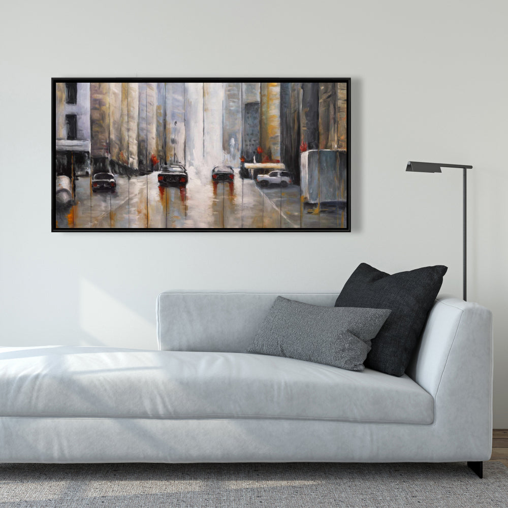 Cars in the Morning Rain | Brown Industrial Framed Canvas Decor