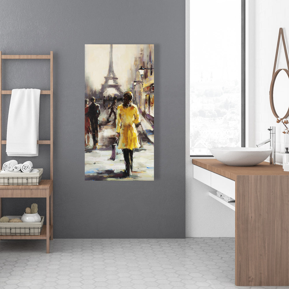 Toile jaune - Décoration de rue représentant une femme en manteau jaune