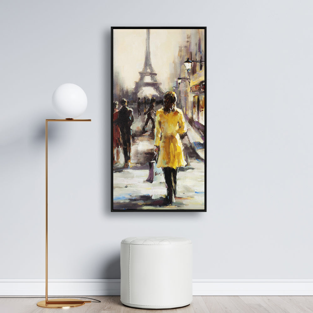 Toile représentant une femme au manteau jaune – Décoration murale contemporaine pour chambre à coucher