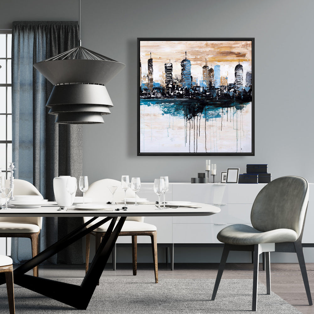 Toile de chambre industrielle bleue – Décor de bâtiments à l'horizon