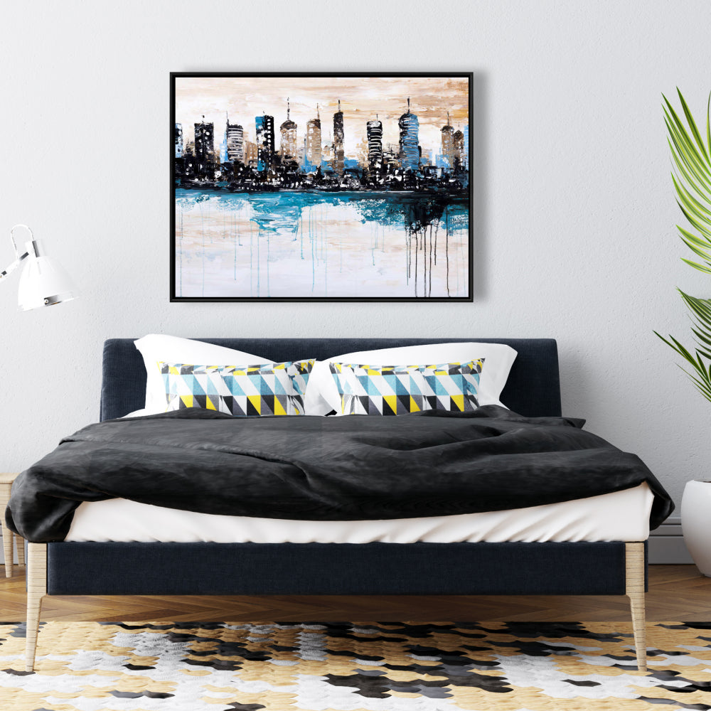 Toile de chambre industrielle bleue – Décor de bâtiments à l'horizon