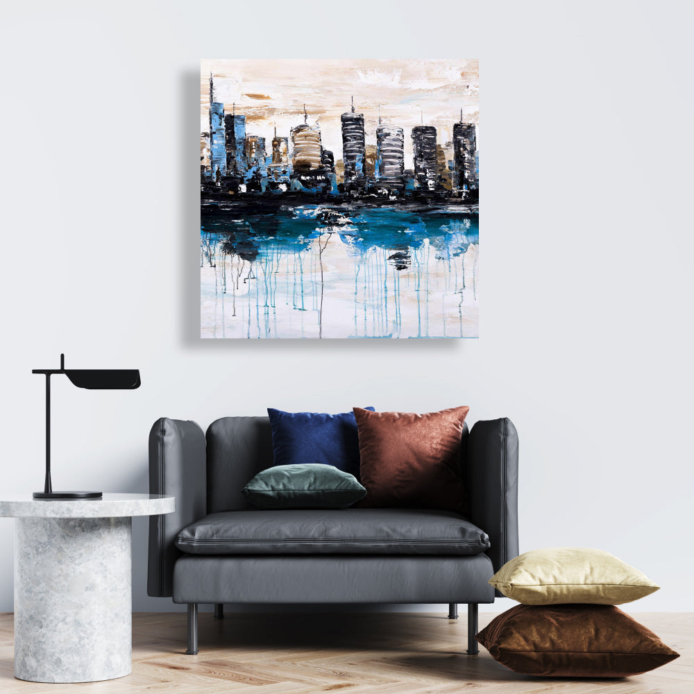 Abstract City Reflection Blue Canvas - Bedroom Home Decor