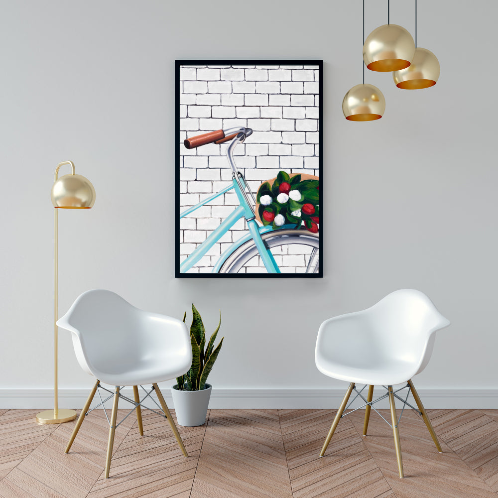 Bicycle with Tulips Canvas | Blue Bedroom Decor | Hobbies Art