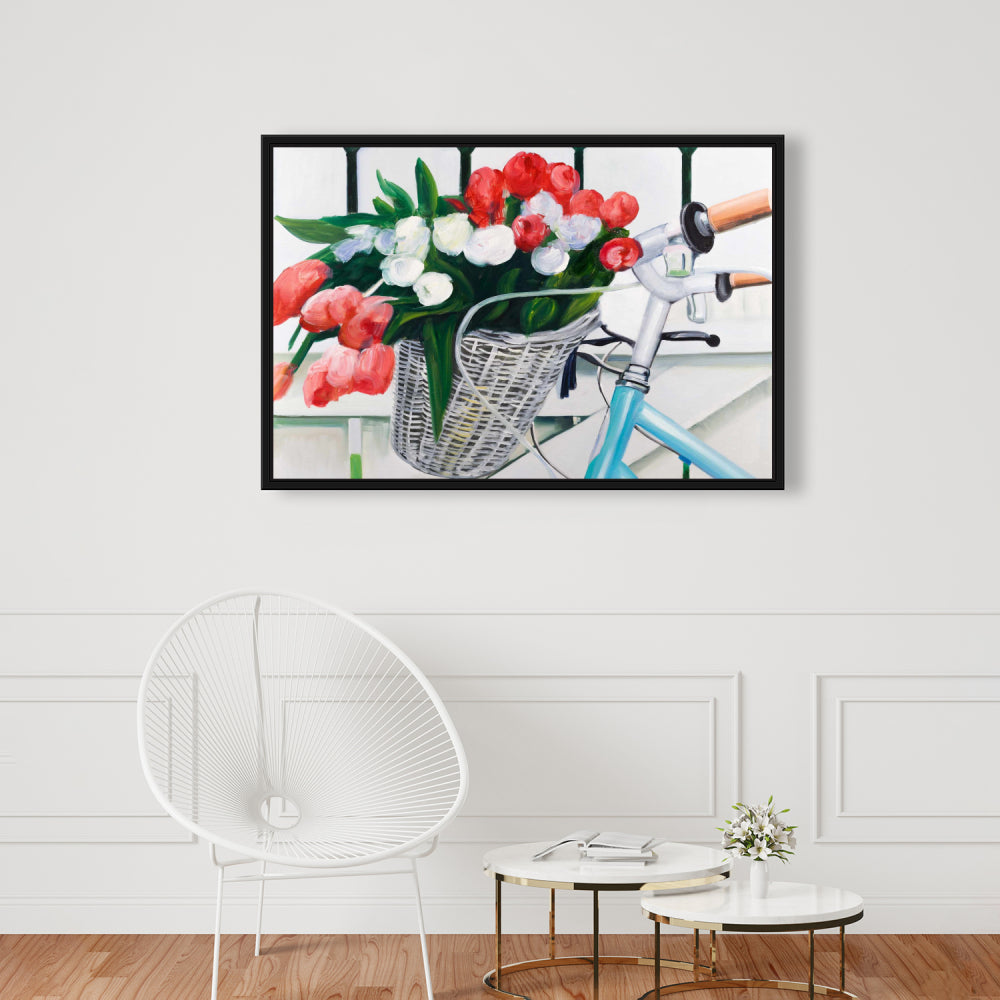 Bicycle with Tulips Framed Canvas | Floral Bedroom Decor