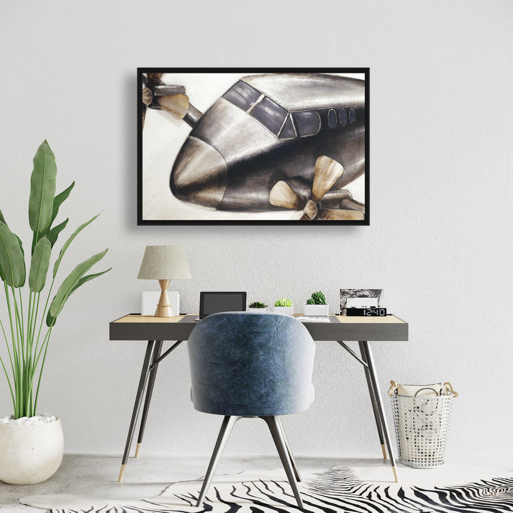 Toile « Avion en plein vol » | Cadre gris industriel