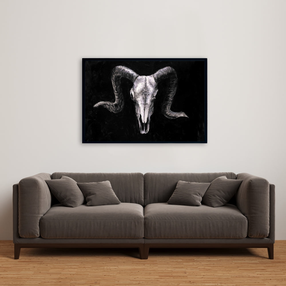 Ram Skull Grunge Canvas | Gray Framed Farm Animal Decor