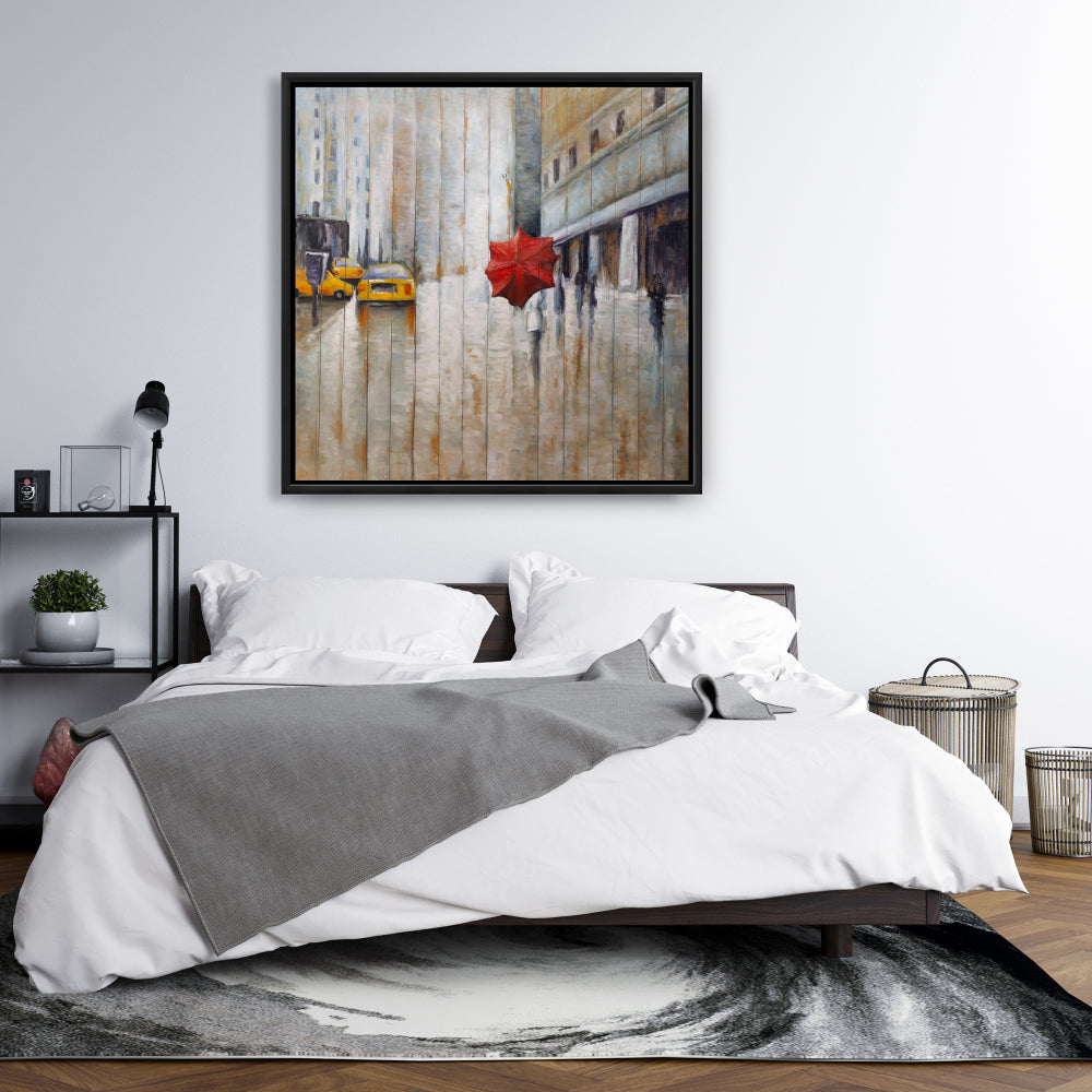 Red Umbrella Street Canvas - Contemporary Bedroom Wall Art