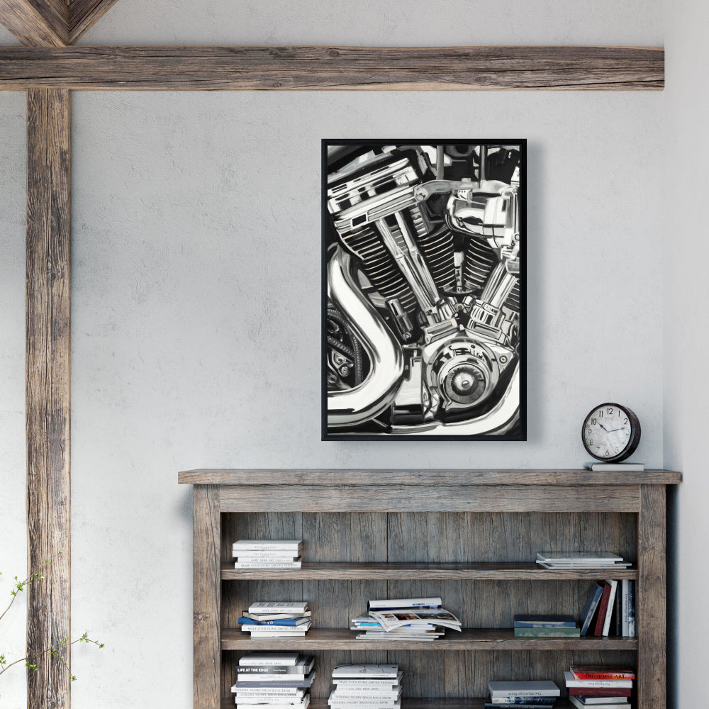 Motorcycle Mechanism Canvas | White Framed Art for Home Decor