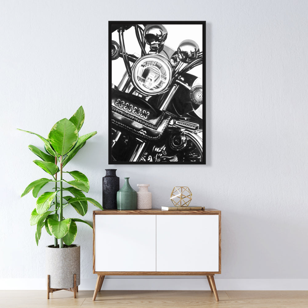 Realistic Motorcycle Gray Framed Canvas | Home Decor Art