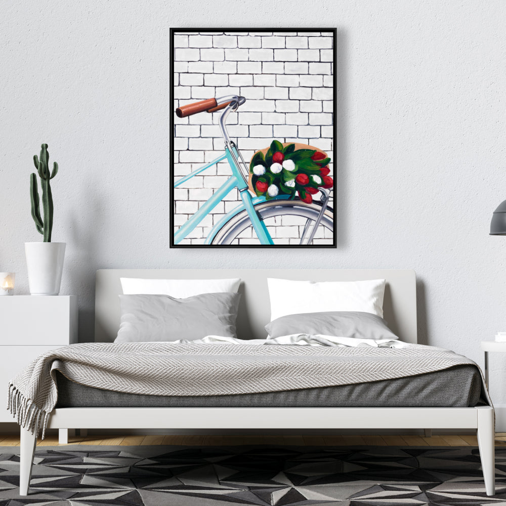 Bicycle with Tulips Canvas | Blue Bedroom Decor | Hobbies Art