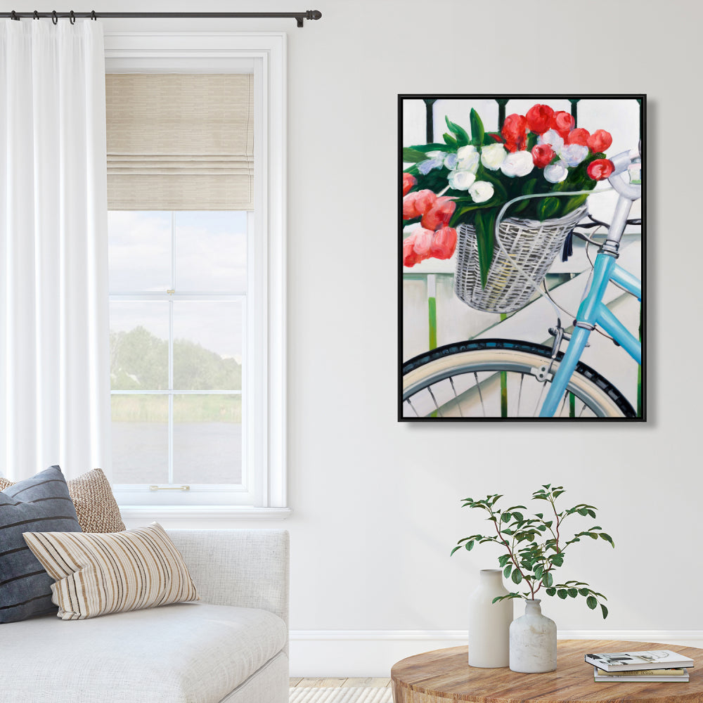 Bicycle with Tulips Framed Canvas | Floral Bedroom Decor