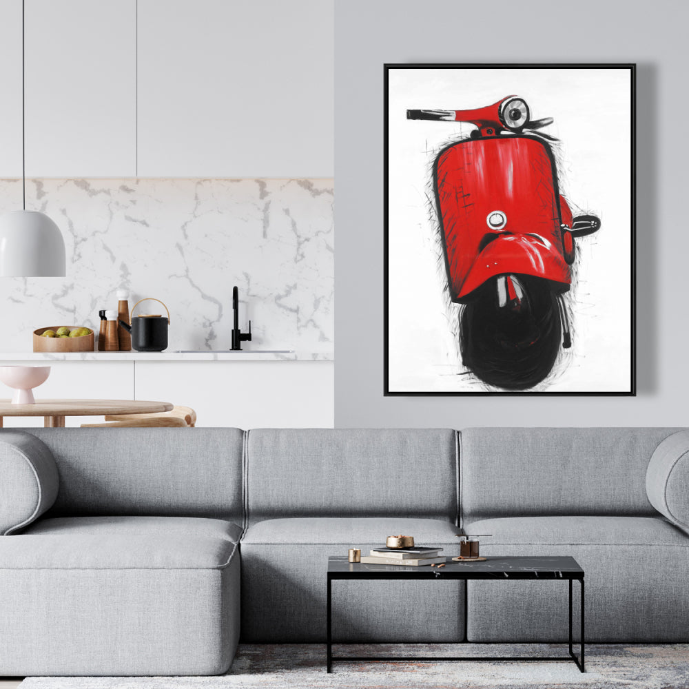 Red Italian Scooter Canvas | Black Frame Home Decor Art