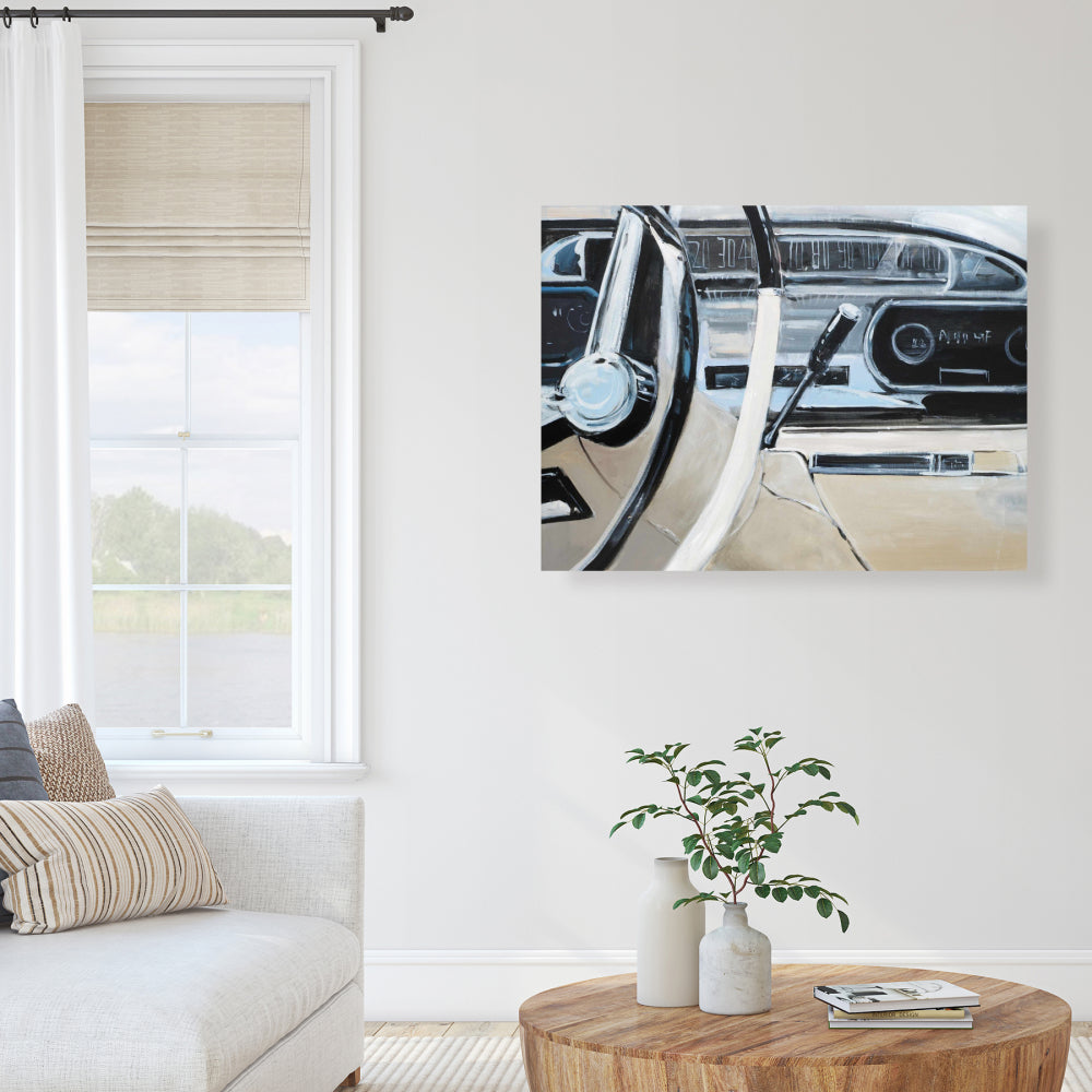 Gray 1950s Car Dashboard Canvas - Modern Bedroom Wall Art