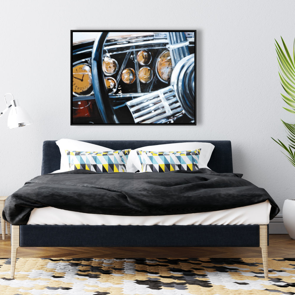 Vintage Car Interior Framed Canvas | Blue Bedroom Decor