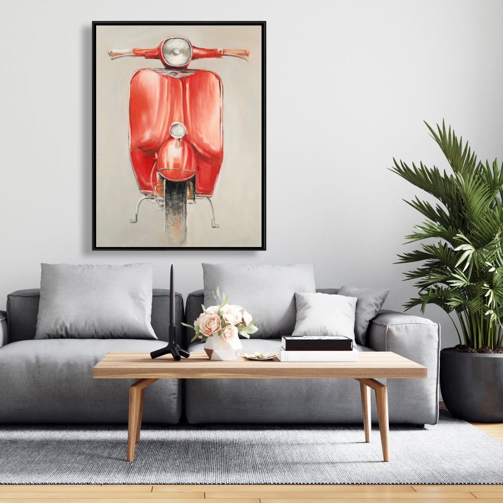 Small Red Moped Canvas | Red Transportation Motorcycle Art