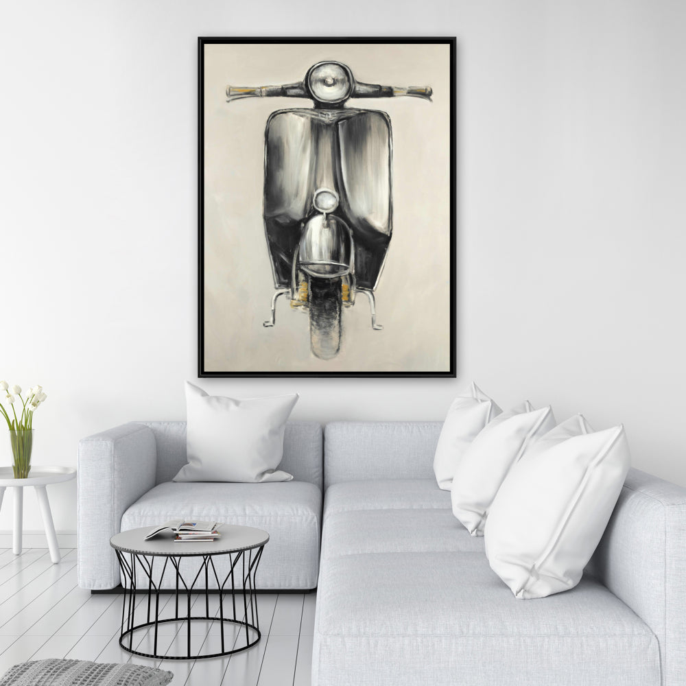 Small Black Moped Gray Framed Canvas | Bedroom Wall Decor