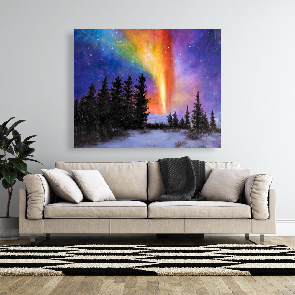 Toile Forêt d'Aurores Boréales | Paysages d'Arbres Jaunes