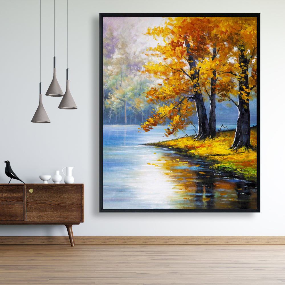 Two Trees by the Lake | Blue Framed Canvas | Home Decor