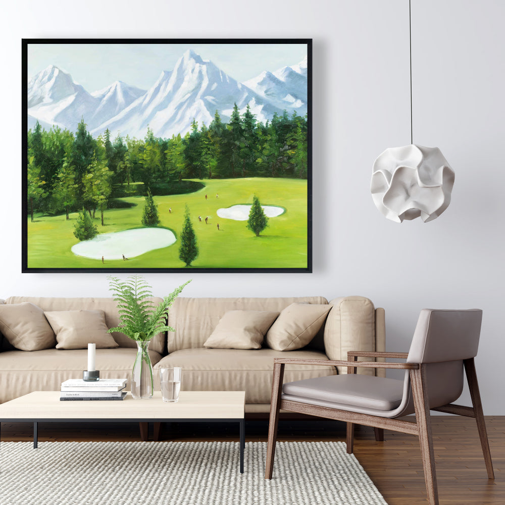 Parcours de golf avec vue sur les montagnes | Toile décorative encadrée bleue
