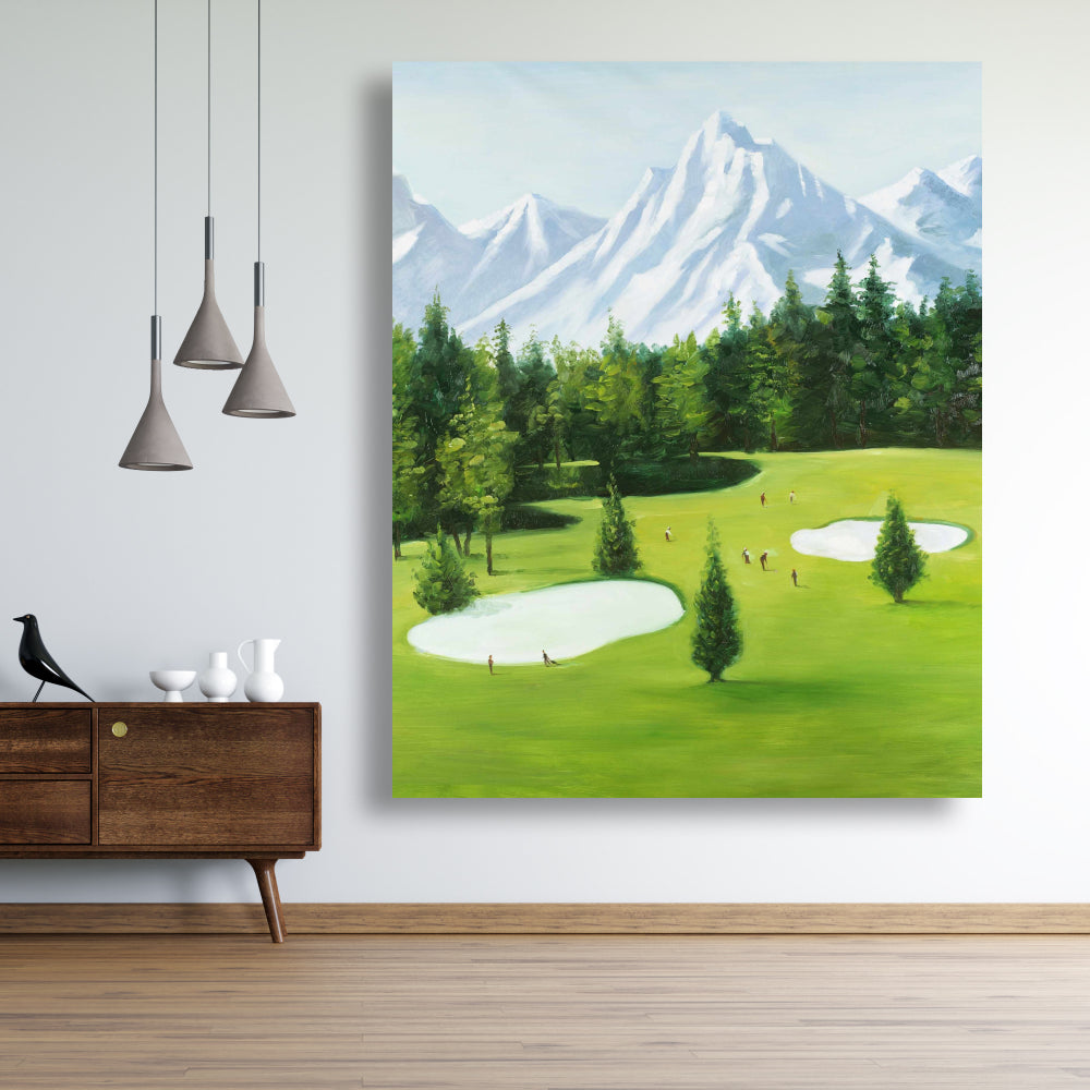 Golf Course with Mountains Canvas | Blue Living Room Decor