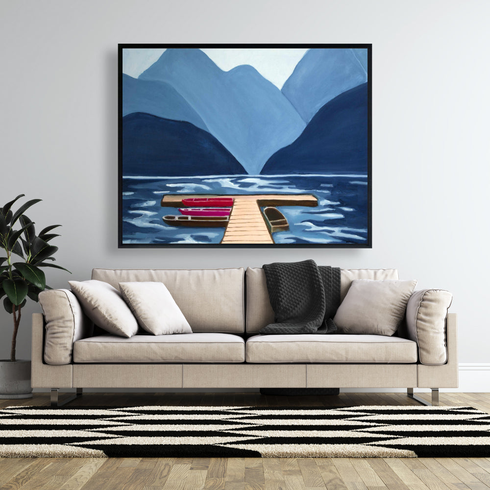 Blue Marine Mountains Framed Canvas - Lake, Quai & Mountains Decor